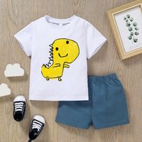Children's Cute Summer Casual Cartoon Yellow Dinosaur Printed Solid Color Shorts Suit sku image 1