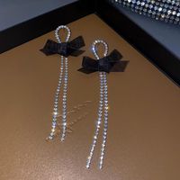 Fashion Full Diamond Solid Color Bow Long Tassel Rhinestone Earrings main image 3