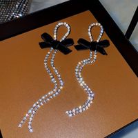 Fashion Full Diamond Solid Color Bow Long Tassel Rhinestone Earrings sku image 1