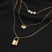 New Fashion Golden Lock Butterfly Shape Pearl Alloy Three-layer Necklace Set main image 2