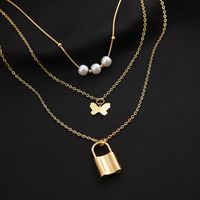 New Fashion Golden Lock Butterfly Shape Pearl Alloy Three-layer Necklace Set main image 3