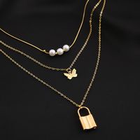 New Fashion Golden Lock Butterfly Shape Pearl Alloy Three-layer Necklace Set main image 4
