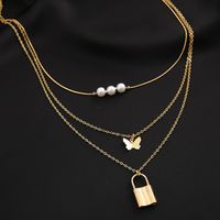 New Fashion Golden Lock Butterfly Shape Pearl Alloy Three-layer Necklace Set main image 5