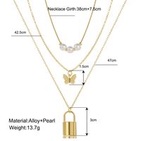New Fashion Golden Lock Butterfly Shape Pearl Alloy Three-layer Necklace Set main image 6
