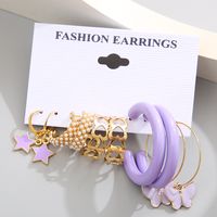 New Fashion Purple Pentagram Butterfly Shape Pearl Butterfly 5-piece Hoop Earrings Set main image 7