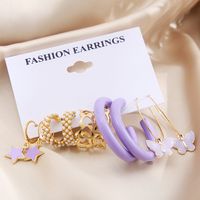 New Fashion Purple Pentagram Butterfly Shape Pearl Butterfly 5-piece Hoop Earrings Set main image 3