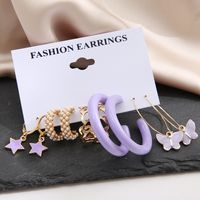 New Fashion Purple Pentagram Butterfly Shape Pearl Butterfly 5-piece Hoop Earrings Set main image 4