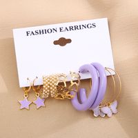 New Fashion Purple Pentagram Butterfly Shape Pearl Butterfly 5-piece Hoop Earrings Set main image 5