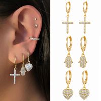 Fashion Copper Gold-plated Inlaid Zircon Heart Cross Palm Pendant Earrings main image 1