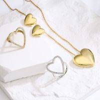 New Style Copper Inlaid Zircon 18k Gold Plated Heart Stud Earrings Necklace Opening Ring main image 1