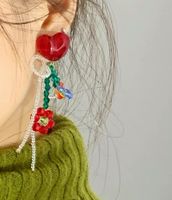 Fashion New Heart-shaped Red Flower Bead Bow Acrylic Earrings main image 4