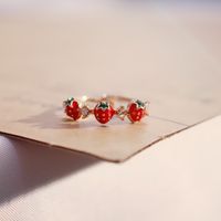 Creative Fashion Red Strawberry Inlaid Diamond Copper Open Ring main image 4