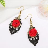 Fashion Retro Red Rose Hollow Lace Alloy Earrings main image 2