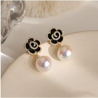 Fashionable Black Rose Pearl Diamond Flower Alloy Stud Earrings sku image 1