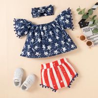 Children's New Girls Flounced Sleeve Romper Star Stripes Printed Three-piece Set main image 2