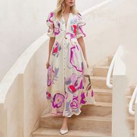 Women's A-line Skirt Elegant V Neck Printing Long Sleeve Flower Maxi Long Dress Daily main image 4