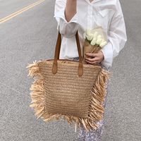 2022 Summer Stylish Tassel Large Capacity One-shoulder Portable Bucket Weaving Bag main image 3