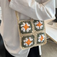 2022 Nueva Bolsa De Paja Tejida Con Flores De Cuatro Cuadrículas De Verano main image 3