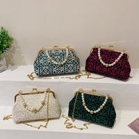 Women's Fashionable Embroidered Thread Texture Mesh Pearl Hand Chain Crossbody Small Square Bag main image 1