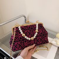 Women's Fashionable Embroidered Thread Texture Mesh Pearl Hand Chain Crossbody Small Square Bag main image 3
