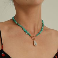 Elegant Simple Large Shaped Pearl Pendant Ot Buckle Green Turquoise Chain Necklace main image 2