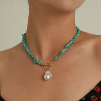 Elegant Simple Large Shaped Pearl Pendant Ot Buckle Green Turquoise Chain Necklace sku image 1