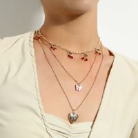 Fashion Elegant Red Cherry Butterfly Heart Pendant Multi-layer Necklace main image 2