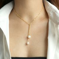 Fashion Simple Long Pearl Sweater Chain Copper Plating Gold Necklace main image 5