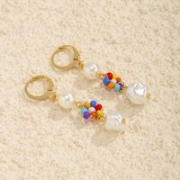 Fashion Simple Bead Daisy Ear Clips Retro Imitation Pearl Flower Copper Eardrop Earring sku image 8