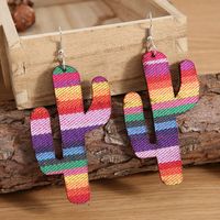 Colorful Printed Big Cactus Shaped Rainbow Pu Leather Earrings sku image 1