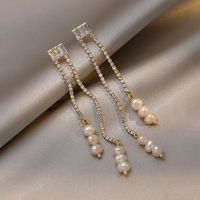 New Fashion Delicate Long Pearl Rhinestone Inlaid Tassel Earrings sku image 1