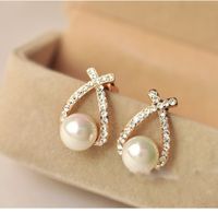 Fashion Cross Rhinestone Pearl Shiny Diamond Alloy Ear Studs main image 1