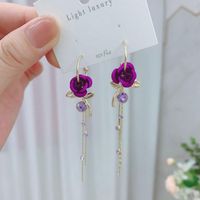 Fashion Elegant Red Purple Rose Flowers Leaf Rhinestone Inlaid Earrings main image 3