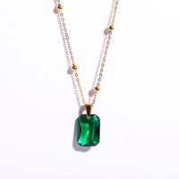 Fashion Retro Emerald Inlaid Zircon Pendant Natural Stone Stainless Steel Necklace sku image 1