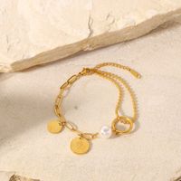 Retro Style Stainless Steel 18k Gold Plated Elizabeth Coin Pendant Pearl Ball Bead Chain Stitching Bracelet main image 1