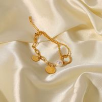Retro Style Stainless Steel 18k Gold Plated Elizabeth Coin Pendant Pearl Ball Bead Chain Stitching Bracelet main image 5
