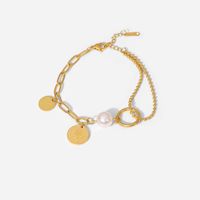 Retro Style Stainless Steel 18k Gold Plated Elizabeth Coin Pendant Pearl Ball Bead Chain Stitching Bracelet main image 4