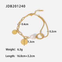 Retro Style Stainless Steel 18k Gold Plated Elizabeth Coin Pendant Pearl Ball Bead Chain Stitching Bracelet sku image 1