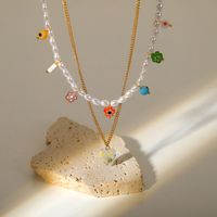 New Style 18k Gold Plated Stainless Steel Colored Glaze Flower Pearl Double-layer Pendant Necklace main image 5