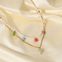 New Style 18k Gold Plated Stainless Steel Colored Glaze Flower Pearl Double-layer Pendant Necklace main image 2