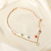 New Style 18k Gold Plated Stainless Steel Colored Glaze Flower Pearl Double-layer Pendant Necklace main image 3