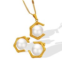 Fashion Geometric Inlaid Imitation Pearl Pendant Titanium Steel Earrings Necklace Jewelry Set main image 3
