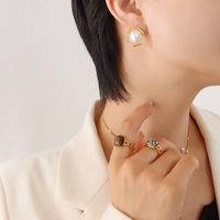 Fashion Geometric Inlaid Imitation Pearl Pendant Titanium Steel Earrings Necklace Jewelry Set main image 5