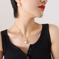 Fashion Geometric Inlaid Imitation Pearl Pendant Titanium Steel Earrings Necklace Jewelry Set main image 6