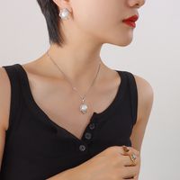 Fashion Geometric Inlaid Imitation Pearl Pendant Titanium Steel Earrings Necklace Jewelry Set sku image 2