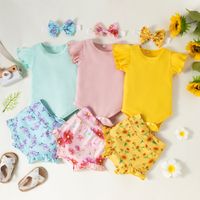 Cute Girl Infant Sunken Stripe Flower Printed Shorts Three-piece Set main image 1