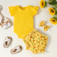 Cute Girl Infant Sunken Stripe Flower Printed Shorts Three-piece Set main image 2