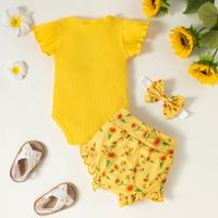 Cute Girl Infant Sunken Stripe Flower Printed Shorts Three-piece Set main image 3