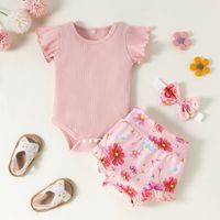 Cute Girl Infant Sunken Stripe Flower Printed Shorts Three-piece Set main image 6