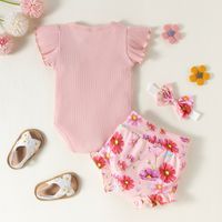 Cute Girl Infant Sunken Stripe Flower Printed Shorts Three-piece Set main image 7